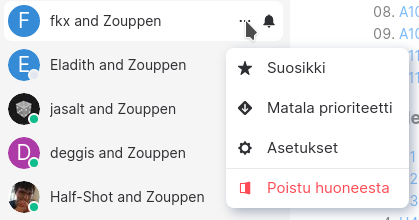 Matrix-huoneen valikko, jossa on Poistu huoneesta -toiminto