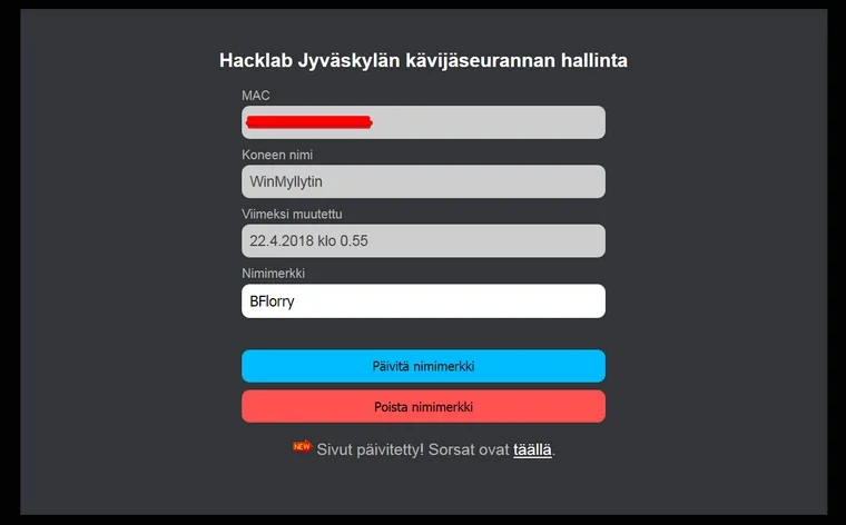 Historical visitor-management form showing device and nickname fields with the MAC address obscured